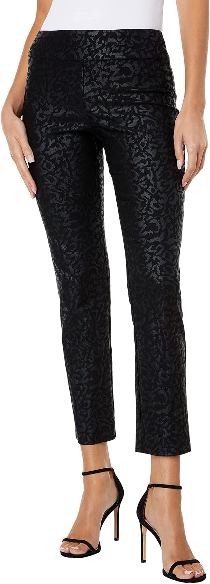 Krazy Larry Women's Pull-On Ankle Pants - Stretchy Comfort Fit Casual Pants (Size 14, Black Animal Print) - Perfect for Work, Travel & Everyday Wear