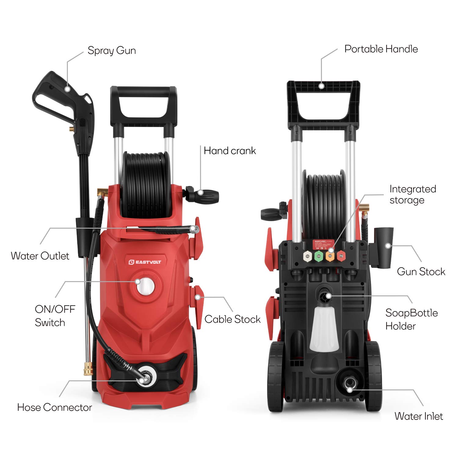 Eastvolt 2175PSI Electric Pressure Washer - 2.4GPM 1800W High Power Cleaner with 4 Nozzles, Hose Reel & Brush - Perfect for Car Washing, Patio Cleaning, Driveway & Home Exterior Maintenance