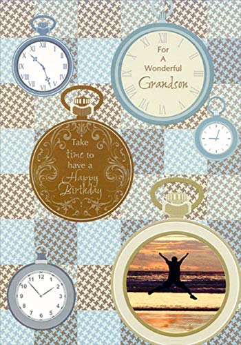 Stylish Stopwatch & Jumping Silhouette Grandson Birthday Card - Perfect for Special Occasions, Gifts, and Memorable Celebrations
