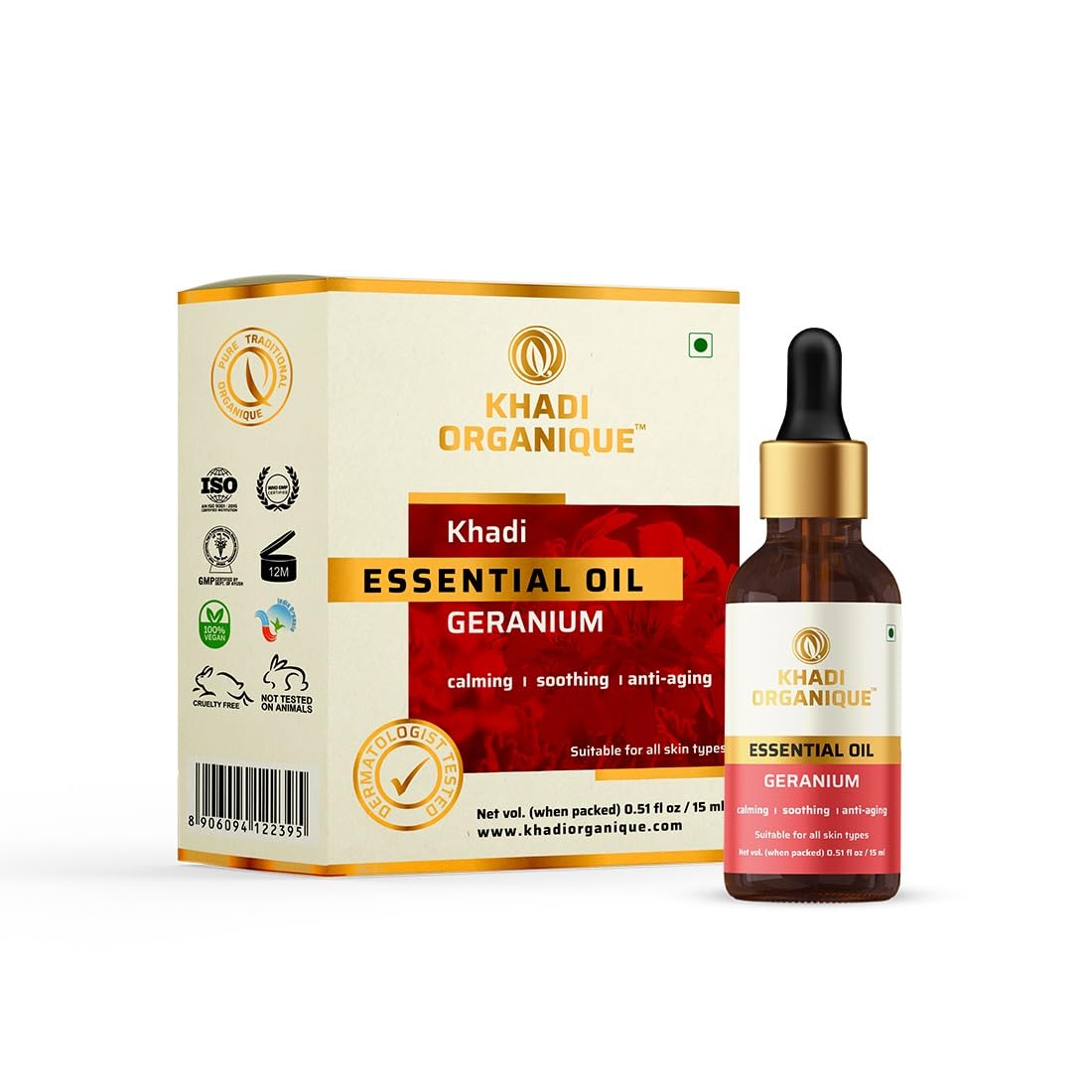 Khadi Organique Geranium Essential Oil 15ml - Pure Aromatherapy Oil for Relaxation, Skin Care & Massage | Perfect for Diffusers, Bath & DIY Beauty Products