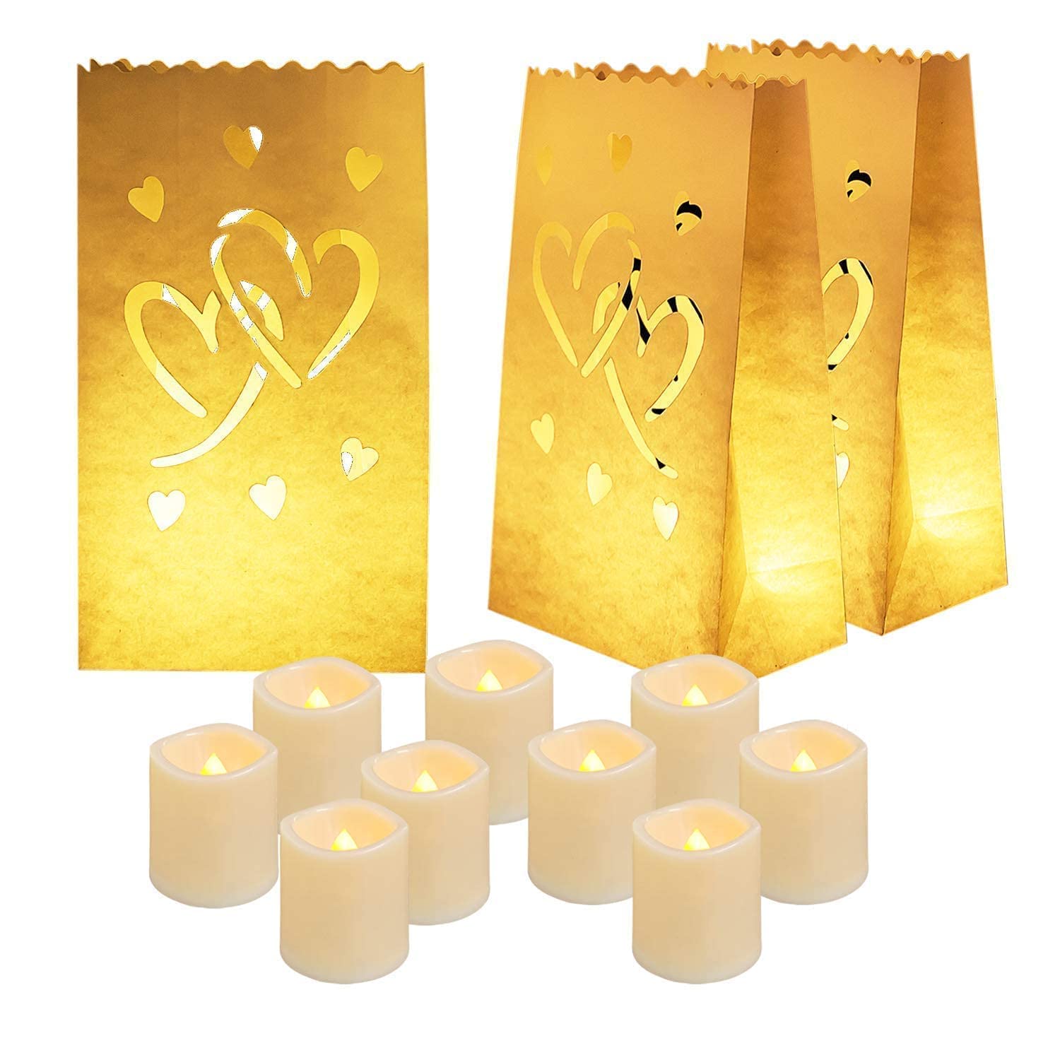 Homemory 50-Pack White Luminary Bags with Heart Cutouts & 12 Flameless LED Votive Candles - Romantic Wedding Decor, Christmas Lighting, Party Centerpieces
