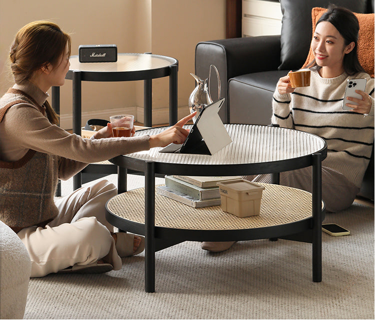 Solid Oak Wood Rattan Black Glass Round Coffee Table - Modern Living Room Centerpiece for Home Decor