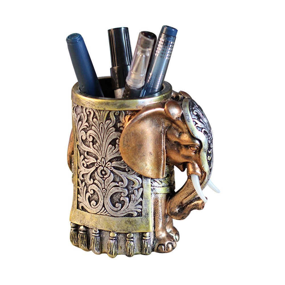 Vintage Lucky Elephant Head Resin Pencil Holder - 4.5