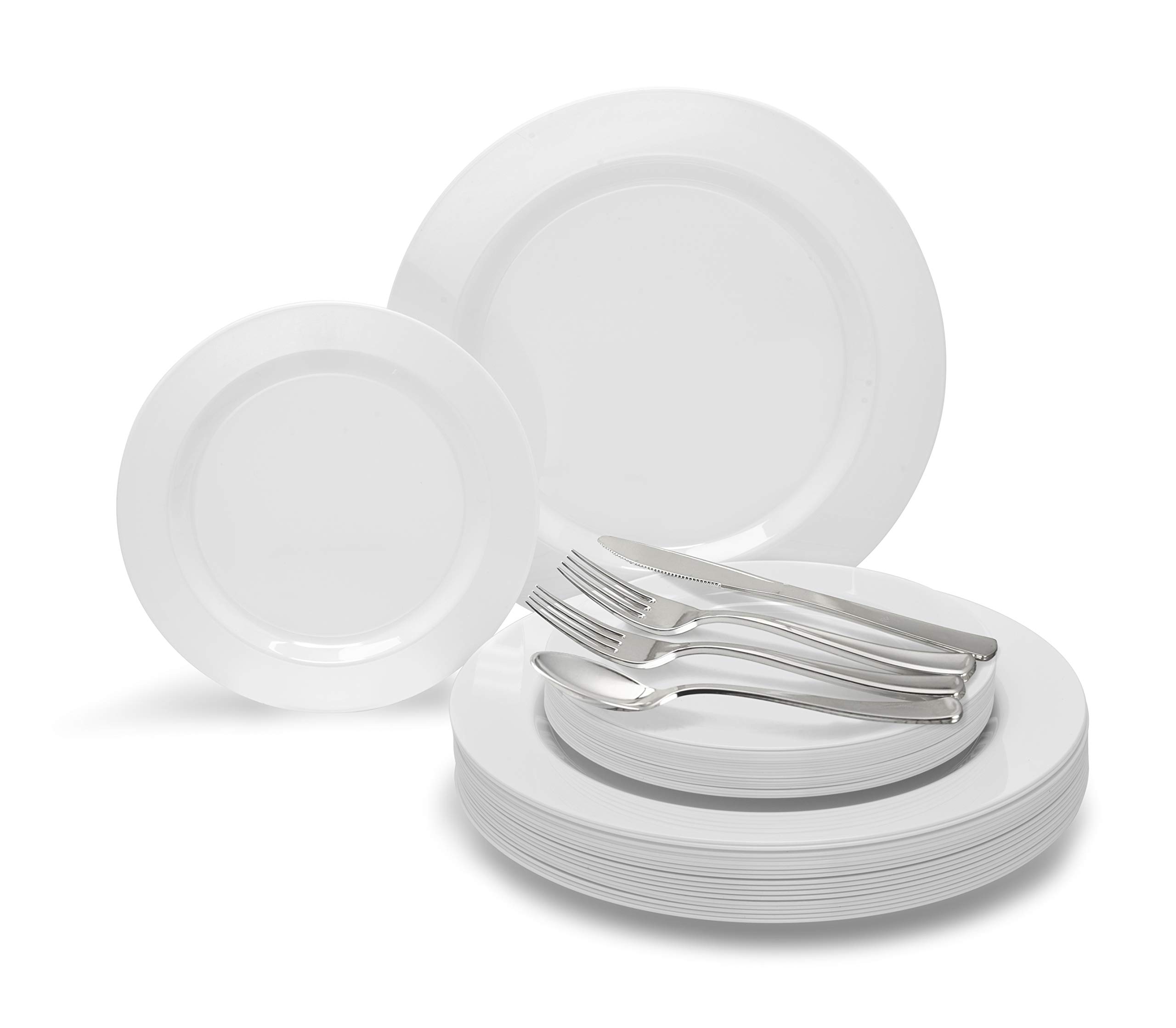 640-Piece Heavyweight Disposable Plastic Plate Set for 80 Guests - 10.5'' & 7.5'' White Plates, Silver Cutlery, Clear Cups & 3-Ply Napkins - Perfect for Weddings, Parties, Catering & Large Events