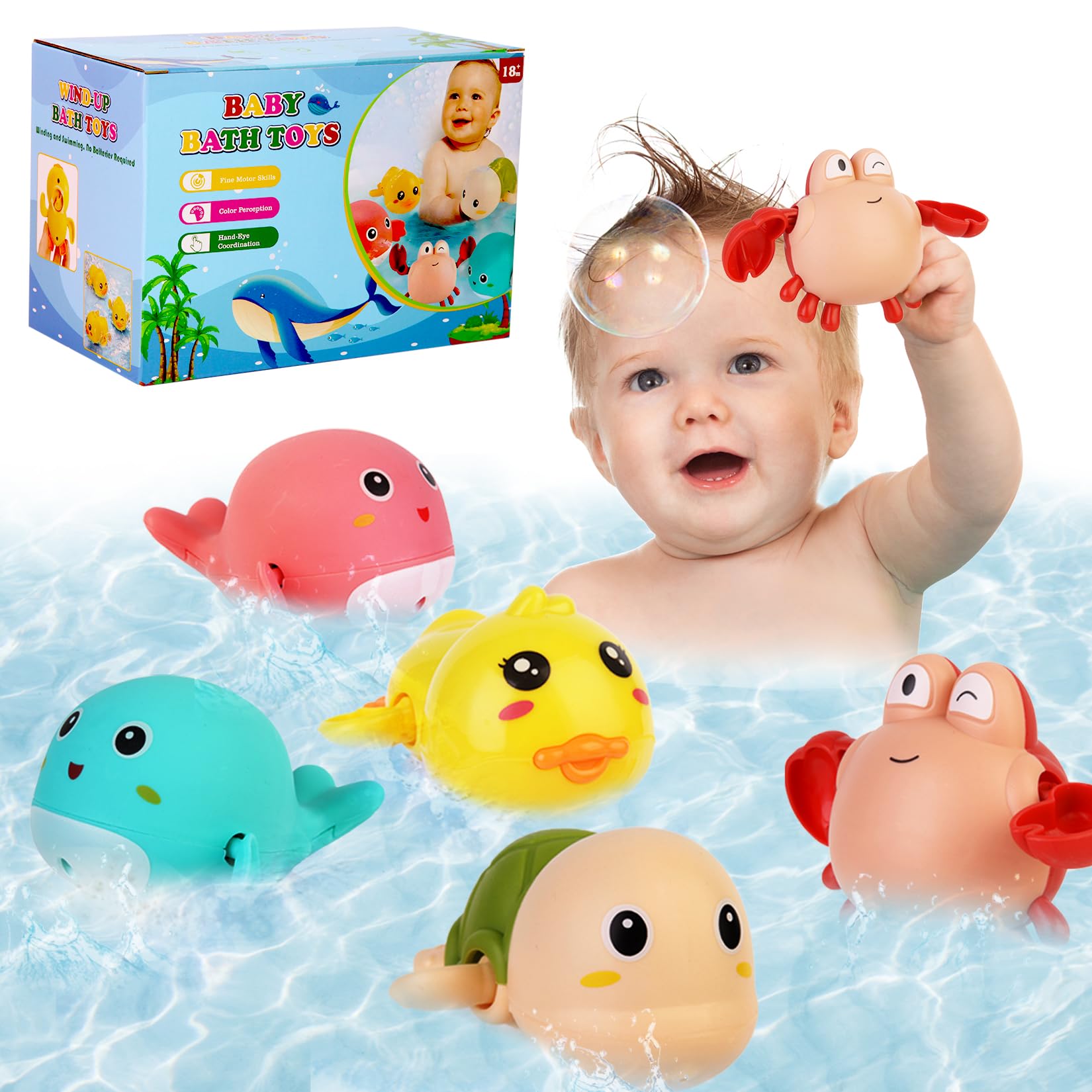5-Piece Wind Up Baby Bath Toys Set - Floating Dolphins, Crabs, Turtles & Ducks for Toddlers | Fun Bathtub & Pool Toys for Boys & Girls | Perfect for Bath Time, Swimming & Sensory Play