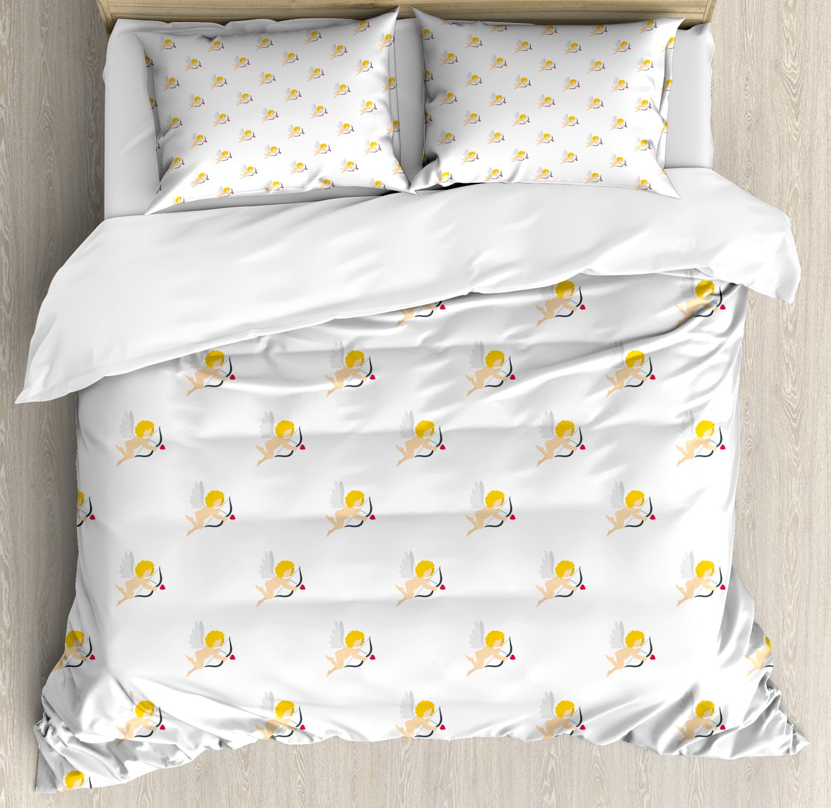 Ambesonne Angel Duvet Cover Set - Queen Size 3-Piece Bedding with Cupid Pattern & Love Arrows | Mythical Romance Angels Design in Earth Yellow, White & Peach | Perfect for Valentine's Day, Romantic Bedroom Decor & Wedding Gift