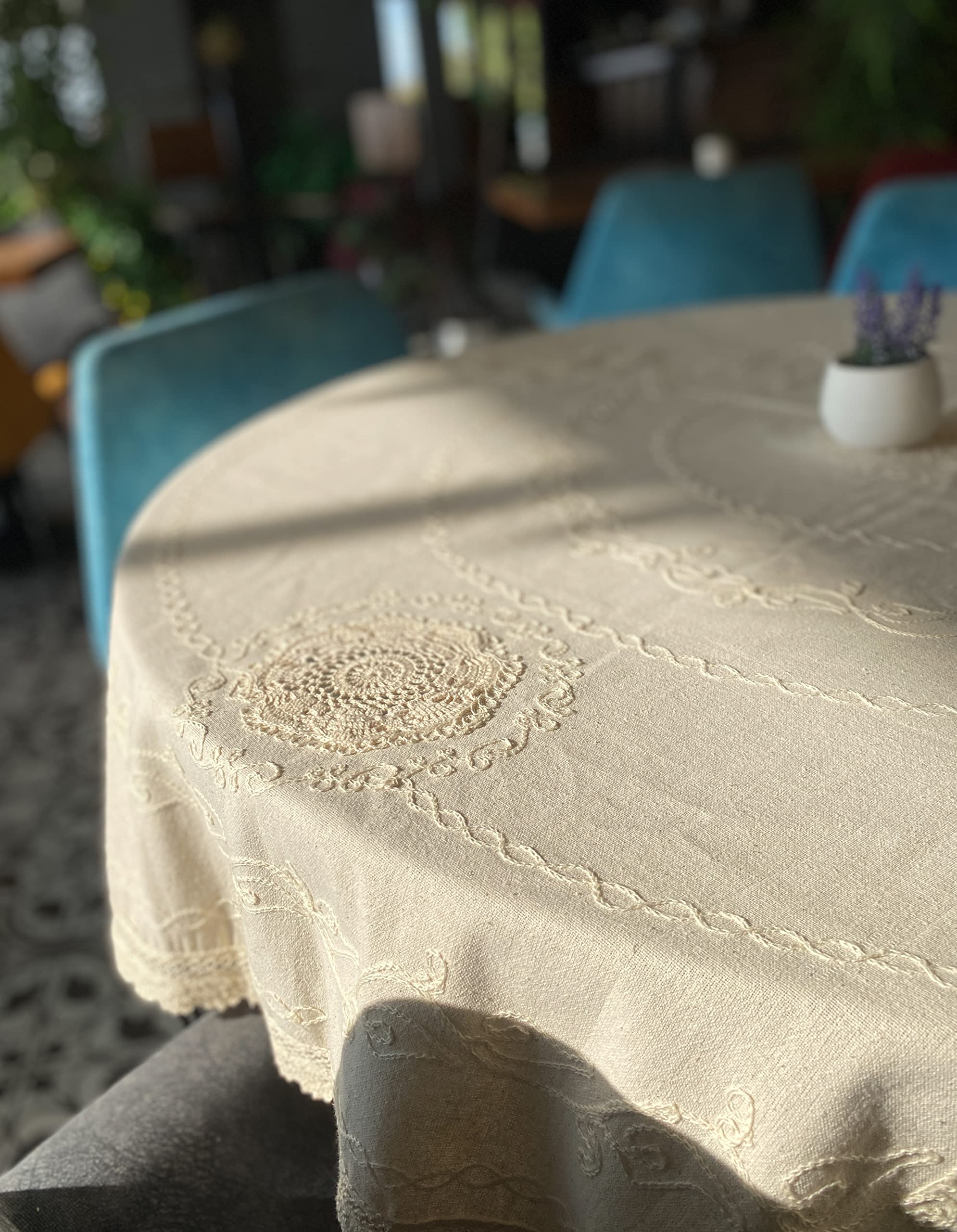 Handmade Embroidered Cotton Linen Tablecloth with Lace - 60