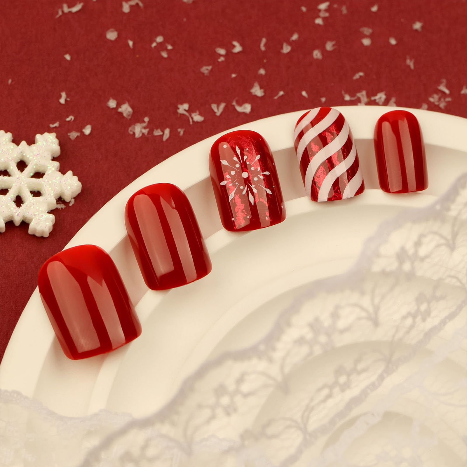 Christmas Press on Nails Short Square - Red Fake Nails with Snowflake & Candy Stripe Design - 24PCS Glossy Acrylic Full Cover False Nails - Winter Xmas Glue on Nails for Women & Girls - Perfect for Holiday Parties, Gift Giving & Festive Nail Art