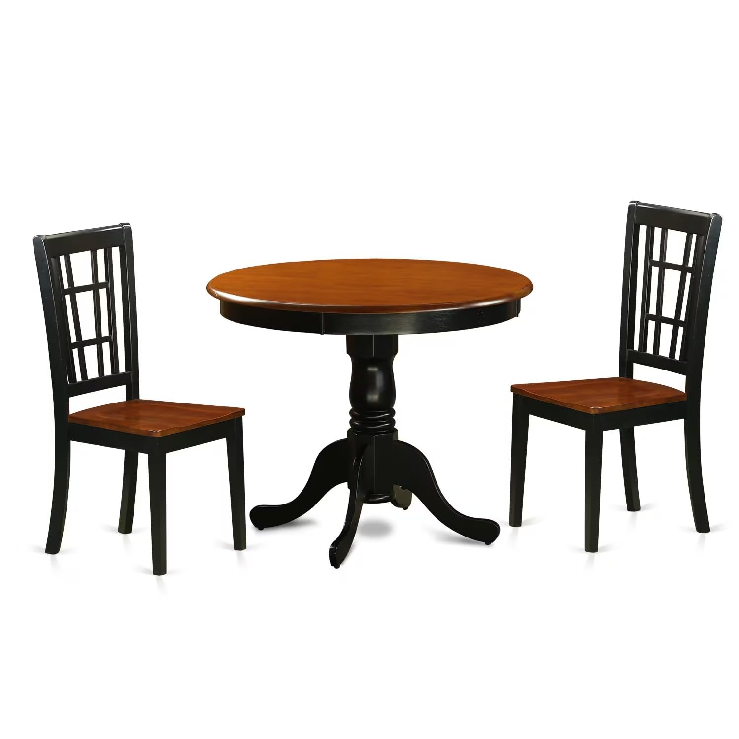 East West Furniture ANNI3-BLK-W 3-Piece Modern Dining Table Set - 36x36 Inch Round Kitchen Table with Pedestal Base & 2 Upholstered Chairs in Black & Cherry Finish - Perfect for Small Spaces, Breakfast Nooks, and Contemporary Dining Rooms