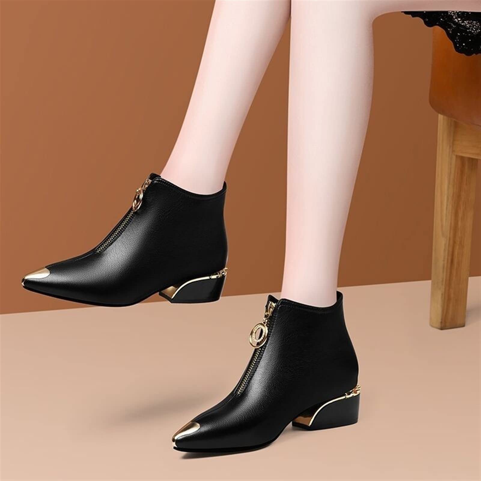 Women's Winter Chunky Low Heel Ankle Boots - Sexy Zipper Casual Snow Boots for Party & Fashion (Beige, Size 6.5) | Perfect for Holiday Outfits, Office Wear & Night Out Occasions