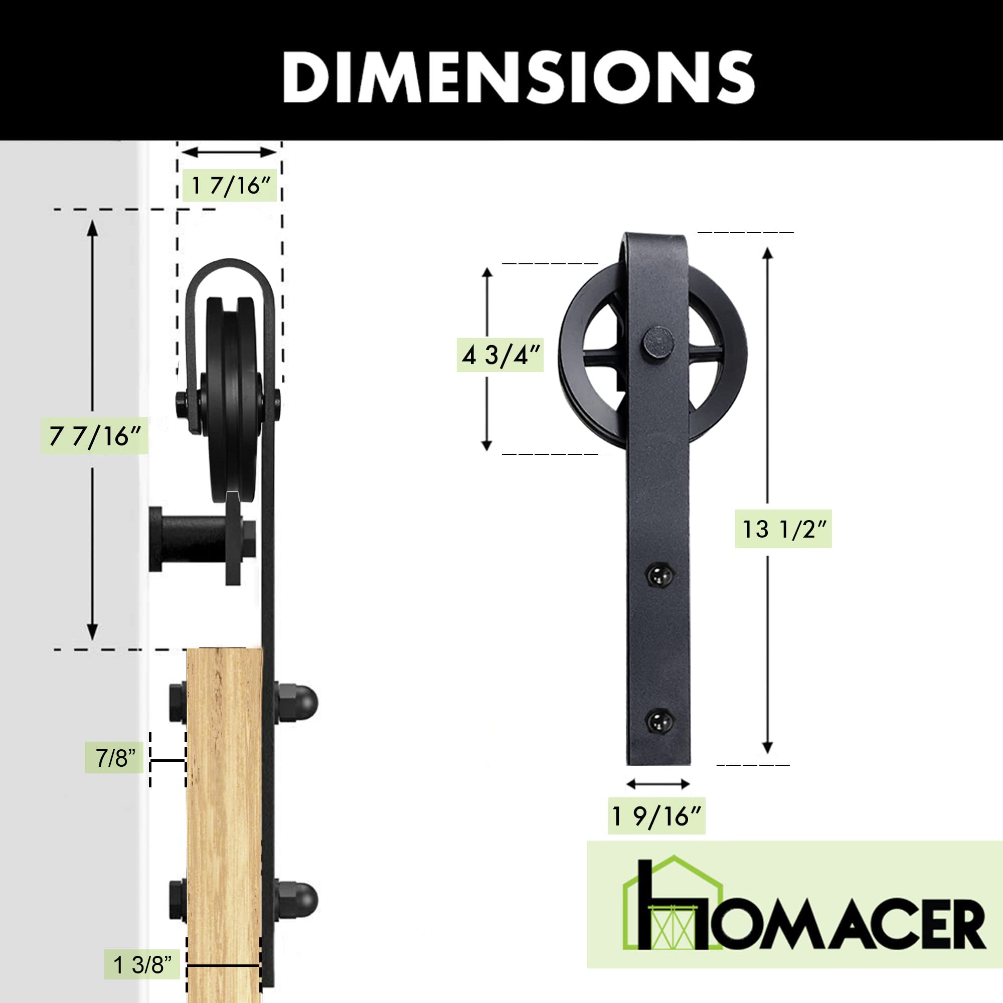 Homacer Black Rustic Non-Bypass Sliding Barn Door Kit with 4ft Flat Track & Spoke Wheel Rollers - Single Door Hardware for 22