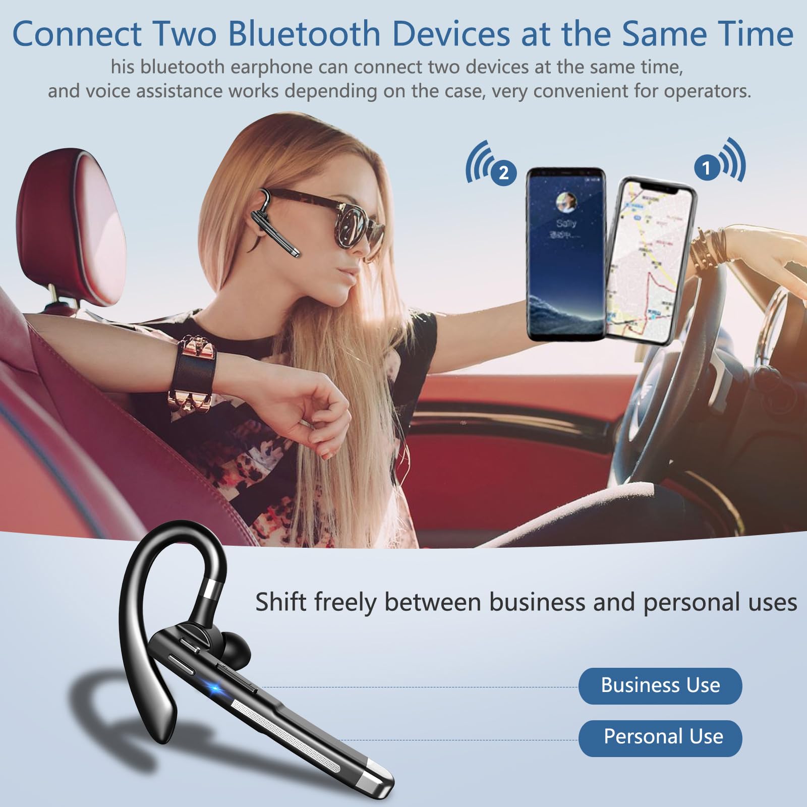 Wireless Bluetooth Headset with Noise Cancelling Mic - Hands-Free Trucker Headset for Office, Phone Calls & Driving - Compatible with iPhone & Android (Perfect for Business, Commuting & Remote Work)