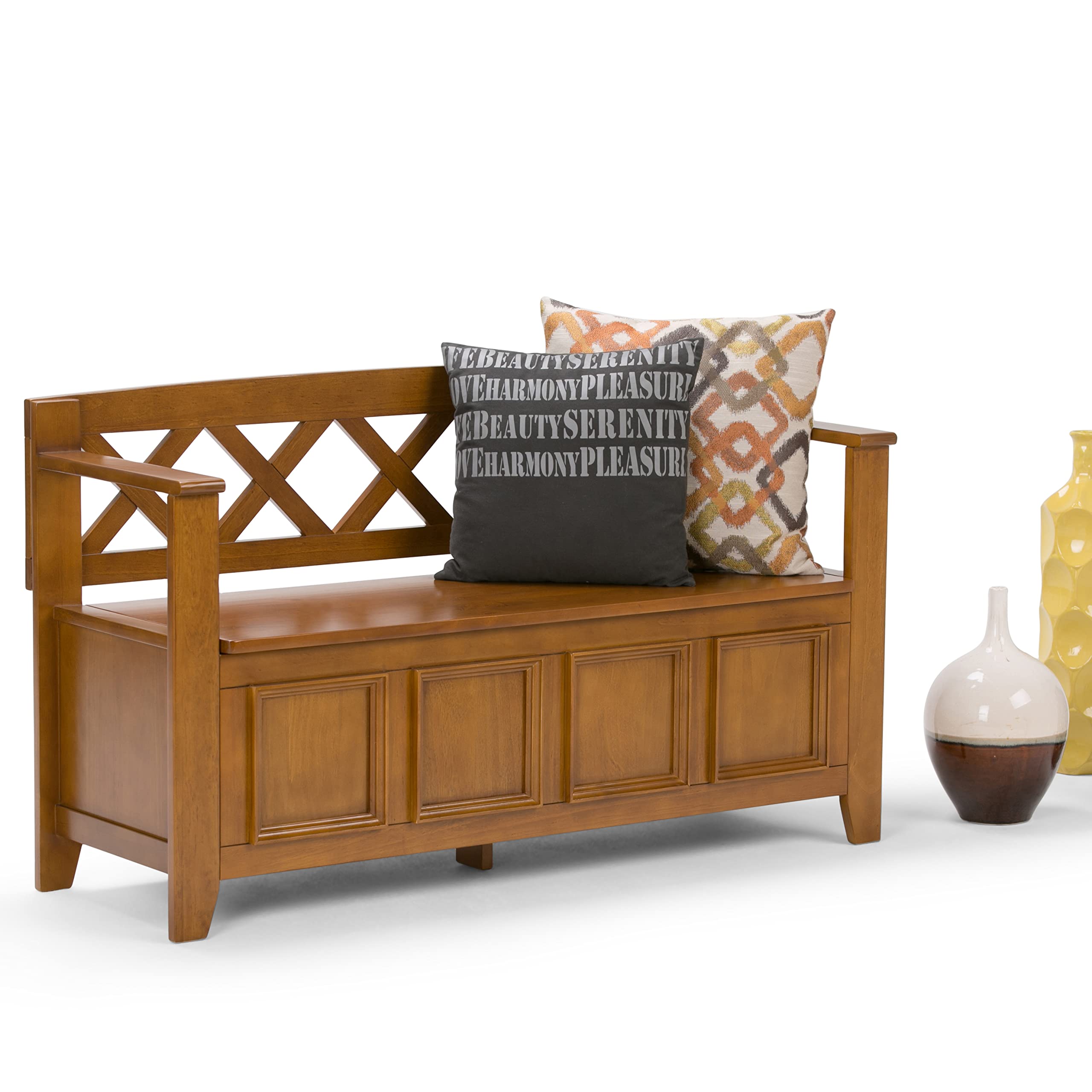SIMPLIHOME Amherst 48-inch Solid Wood Storage Bench with Hidden Dual Compartment, Safety Hinges - Light Avalon Brown - Entryway, Mudroom, Bedroom, Living Room - Transitional Style Furniture for Home Organization & Decor