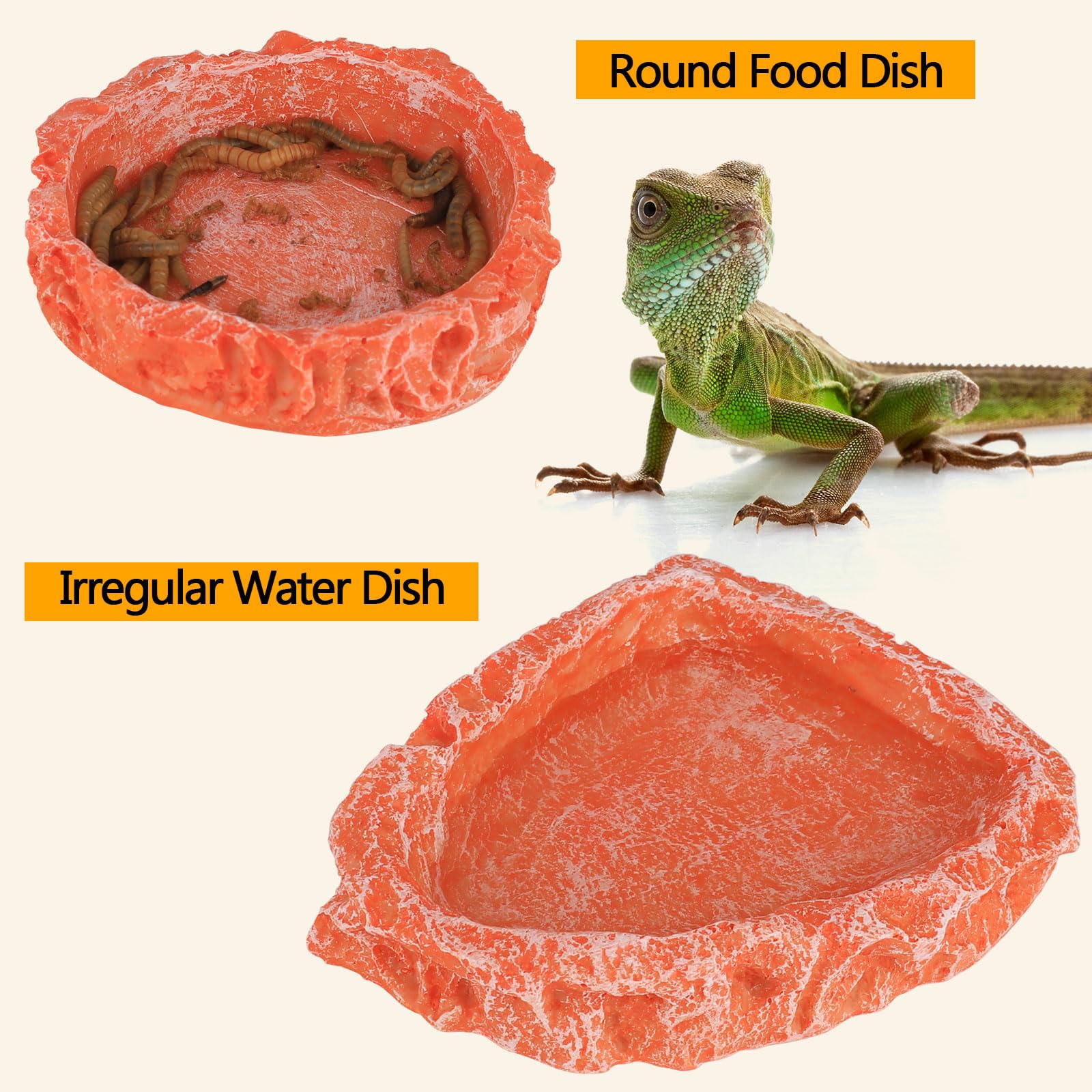 Hyggerzoo 2-Pack Reptile Water Dish & Food Bowl - Durable Resin Corner Feeder for Bearded Dragons, Leopard Geckos, Hermit Crabs, Turtles & Snakes - Perfect for Terrarium, Vivarium & Reptile Tank Accessories (Orange)