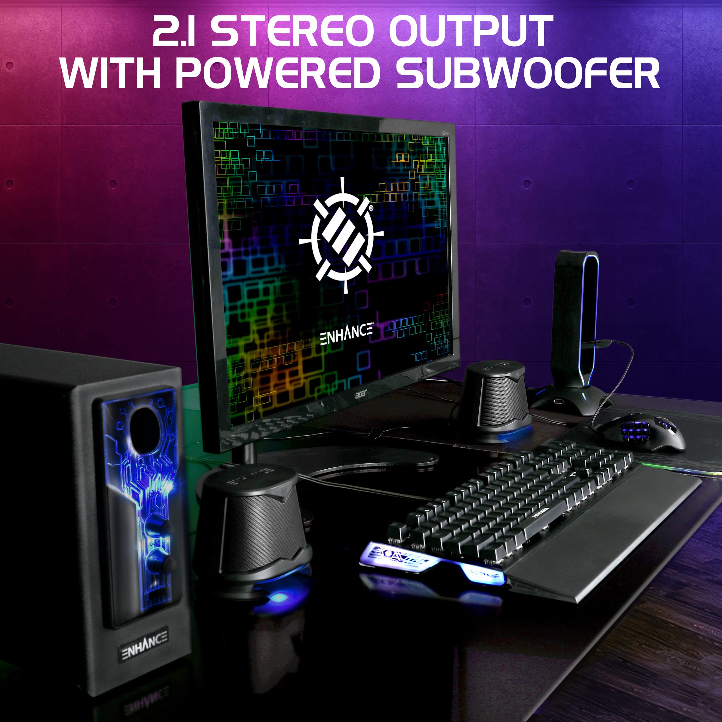 ENHANCE SB 2.1 Computer Speakers with Subwoofer - High Performance Gaming Speakers with Blue LED Lights, Bass & Volume Control | Perfect for PC Gaming, Desktop & Laptop Setup | Home Office & Entertainment Sound System