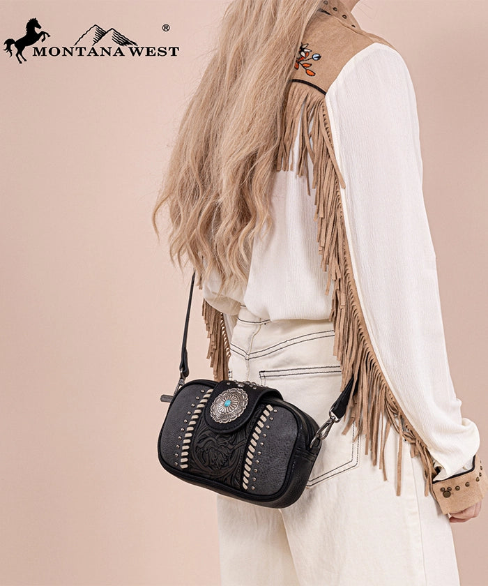 Montana West Genuine Leather Tooled Concho Crossbody Bag for Women - Stylish Western Handbag for Daily Use, Travel & Shopping
