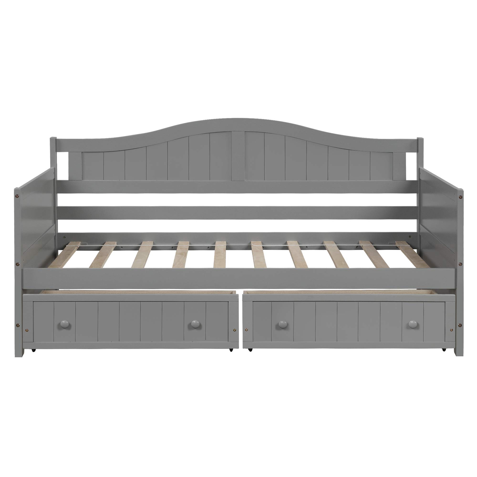 Triple Tree Wooden Twin Daybed Frame with 2 Drawers - Sturdy Twin Size Sofa Bed for Kids, Teens & Adults - 10 Wood Slat Support Platform - No Box Spring Needed - Gray - Perfect for Bedroom, Living Room & Guest Room Space Saving Solution