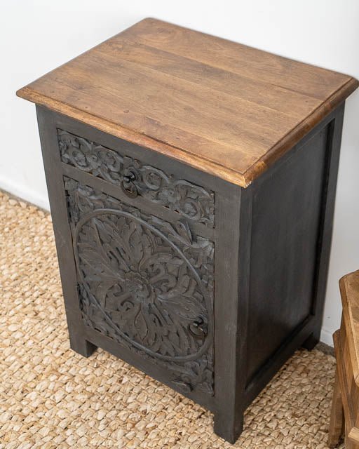 Handmade Charcoal Nightstand - Solid Wood Bedside Table with Hand Carved Design | Perfect for Bedroom, Living Room & Guest Room Decor