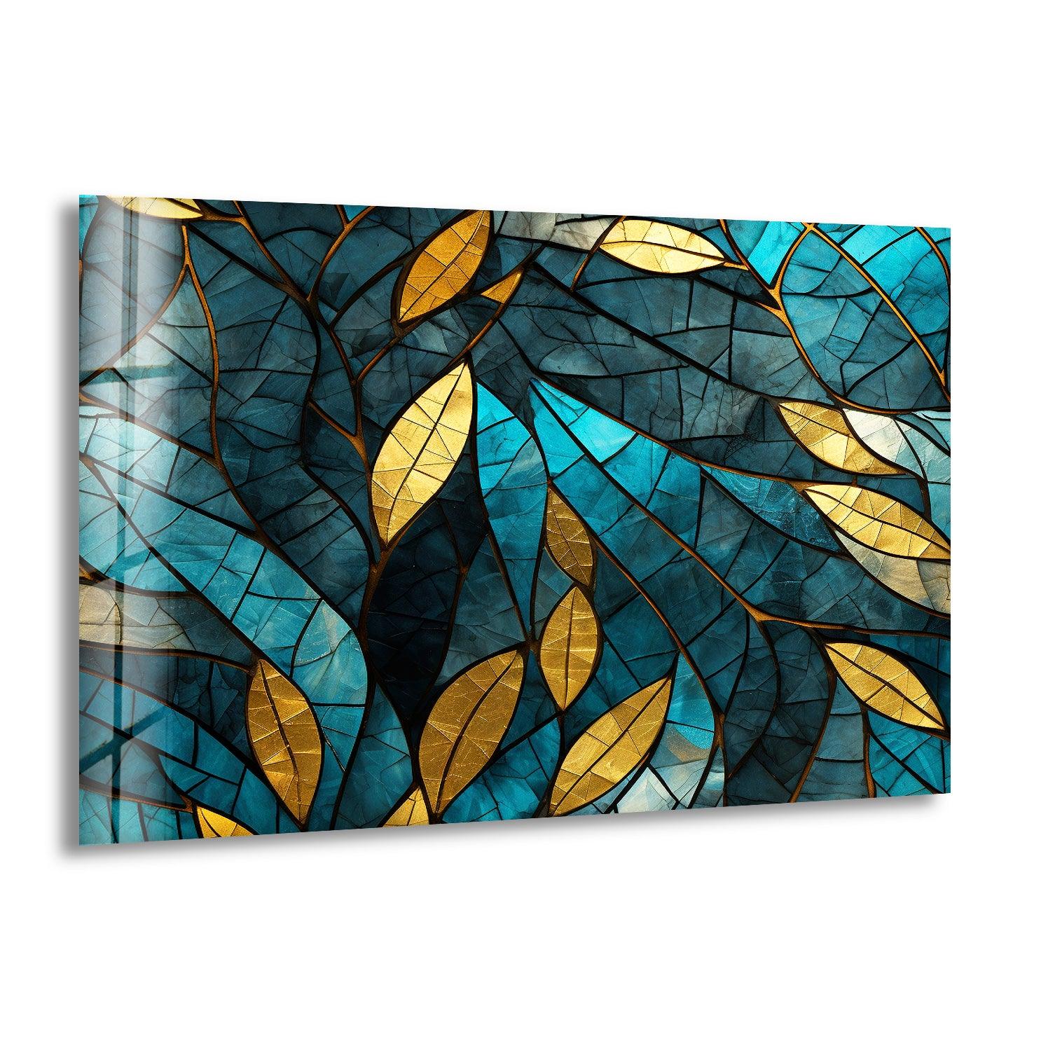 Blue & Gold Leaves Glass Wall Art - Handmade Modern Home Decor for Living Room, Bedroom, Office - Elegant Glass Leaf Mural for Interior Design & Wall Styling