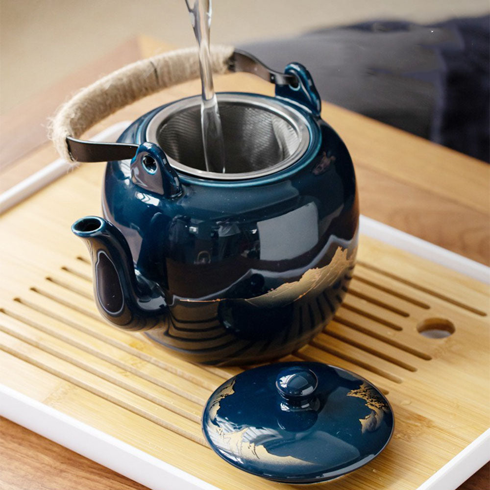 Premium Japanese Blue Landscape Ceramic Tea Set with Matching Tray - Traditional Matcha Tea Ceremony Gift Set for Home & Zen Decor