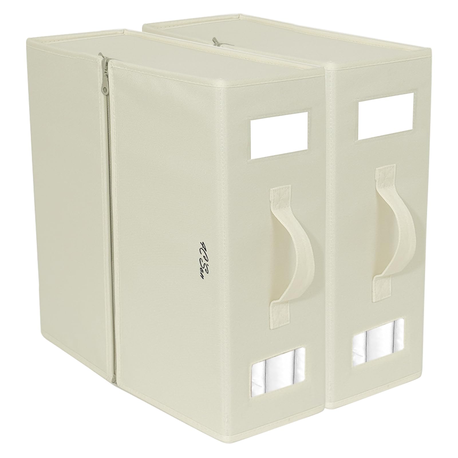 4C'Son Foldable DOUBLE ZIPPERS Bed Sheet Organizer - 2 Pack Fabric Storage Bins for Bed Sheets & Linen - Closet Organizer with Window & EXTRA STURDY Handle (Ivory) | Perfect for Bedroom, Nursery & Travel Storage Solutions