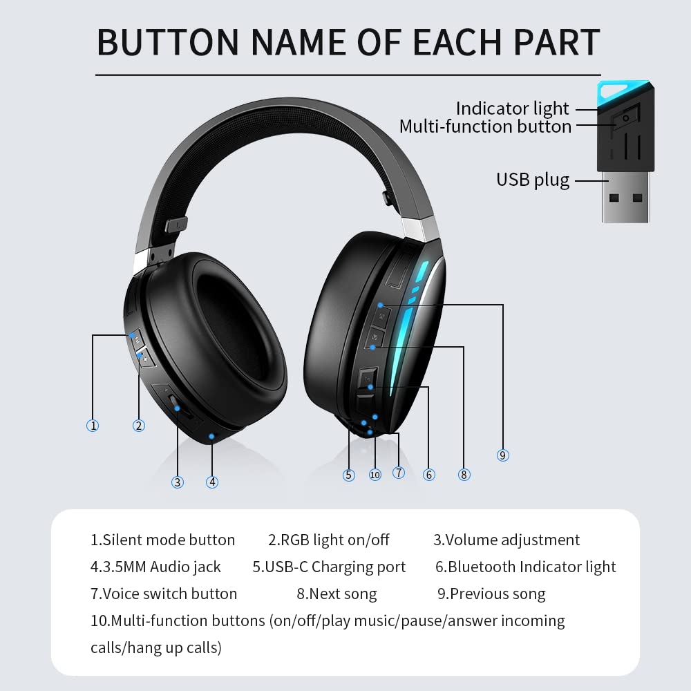 SLuB Gaming Headset with 3.5mm Wired & Bluetooth 5.0, Foldable Over-Ear Headphones with Surround Sound, Noise-Cancelling Mic, RGB LED Lights for PC, PS5, PS4 - Perfect for Gaming, Streaming & Online Classes