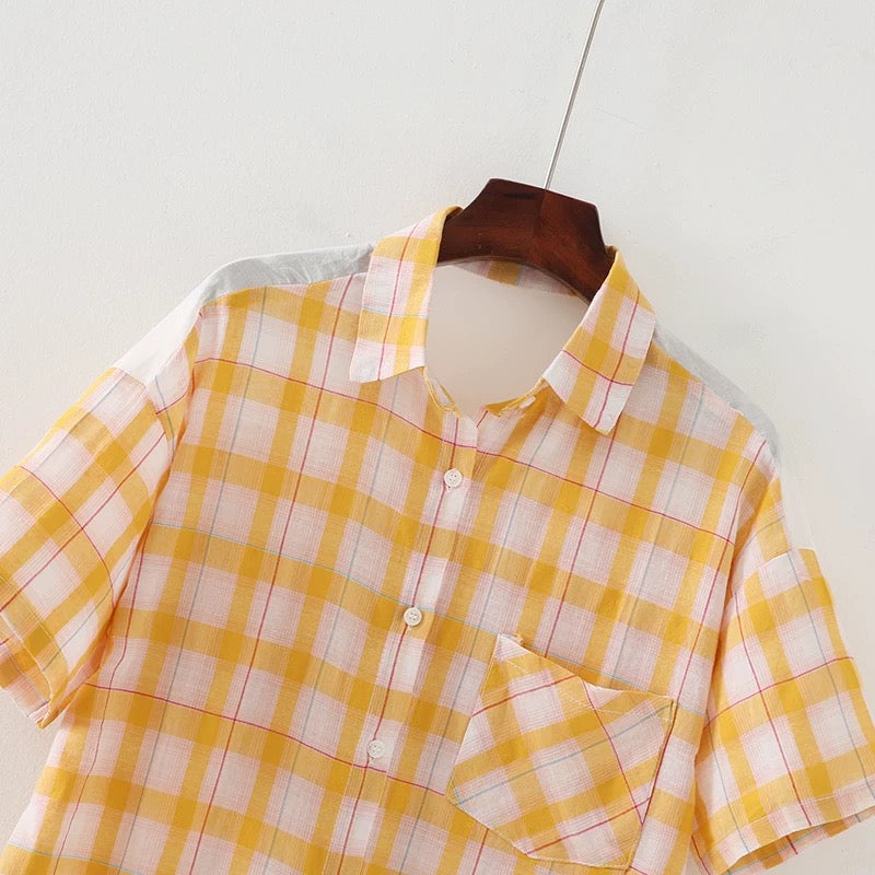Stylish Women's Plaid Shirt - Summer Short Sleeve Thin Button Down Top for Casual Outings & Beach Cover Ups