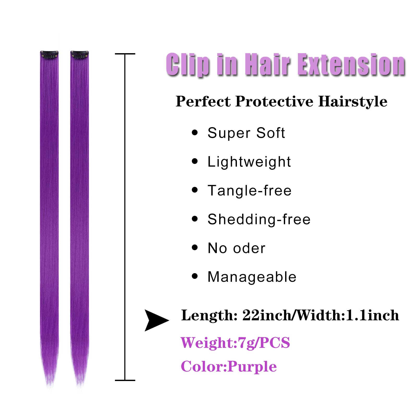 12PCS Purple Clip-in Hair Extensions - 22 Inch Synthetic Colored Hair Extensions for Women & Kids | Rainbow Hair Accessories for Cosplay, Halloween, Parties & Gifts (Purple, 22inch)