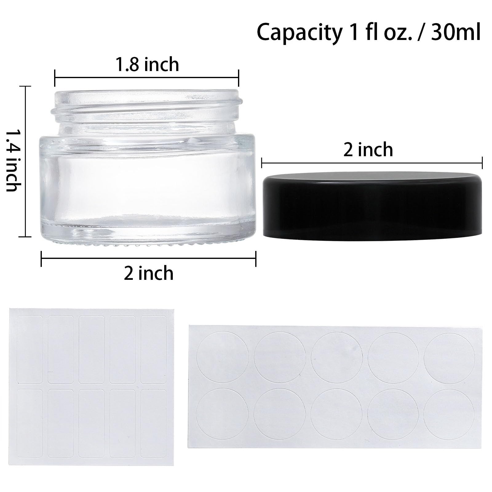 Bekith 40 Pack 1 oz Small Glass Jars with Black Lids - Empty Round Clear Cosmetic Containers for Cream, Lotion, Samples & Powder - Includes Blank Labels & Inner Liners - Perfect for DIY Beauty, Travel Size Toiletries & Skincare Organization