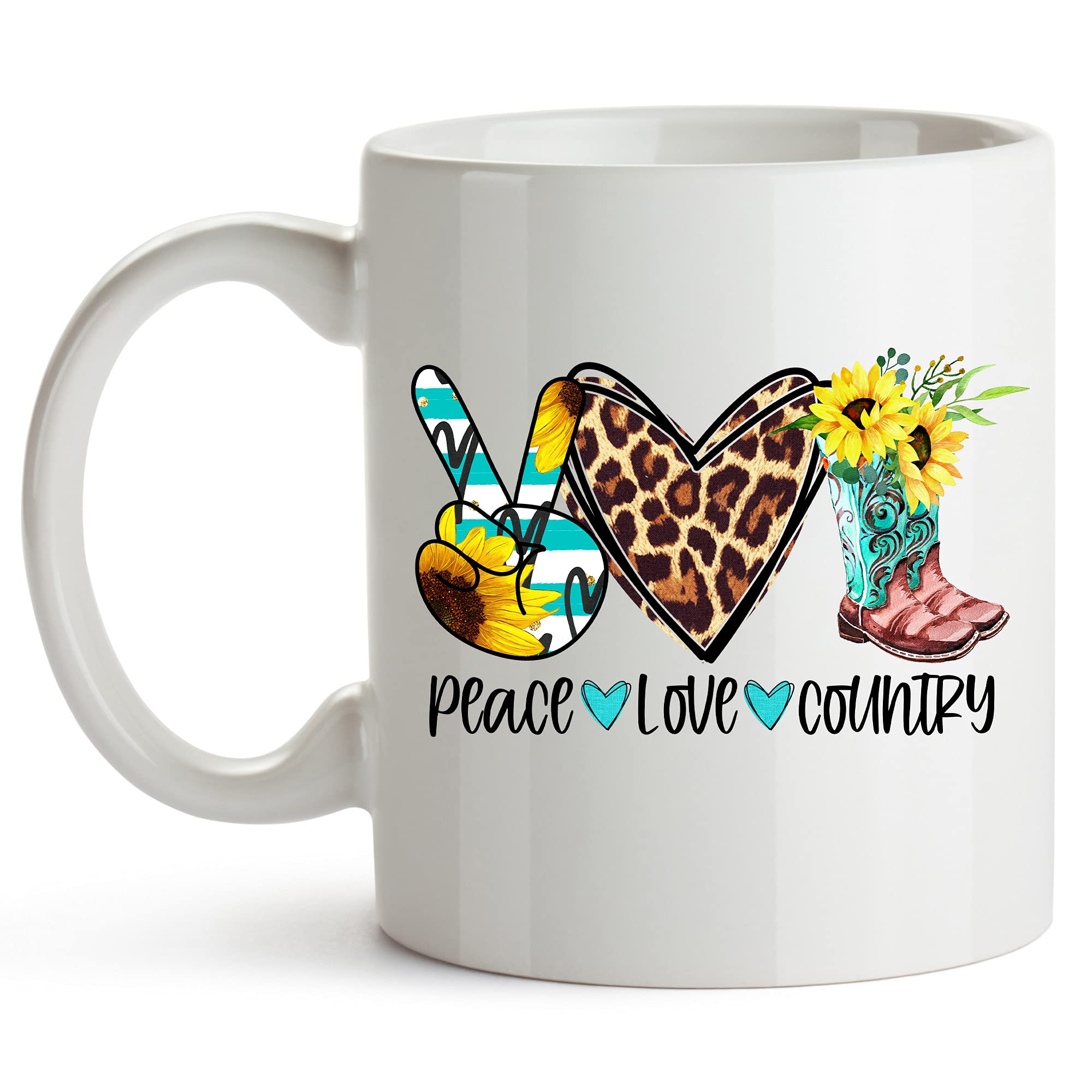 YouNique Designs Peace Love Country Mug - 11oz White Ceramic Coffee Cup for Women, Country Music Lovers | Perfect for Farmhouse Kitchens, Cowgirl Gifts & Country Themed Parties