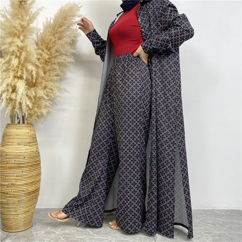 Printed Satin Button Down Robe & Pocket Pants 2-Piece Lounge Set - Soft Women's Sleepwear for Home Relaxation and Spa Days