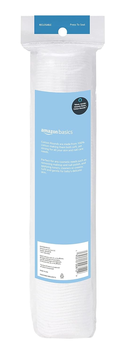 Amazon Basics Hypoallergenic 100% Cotton Rounds - 100 Count | Soft & Gentle Makeup Remover Pads | Perfect for Skincare, Nail Polish Removal & Baby Care