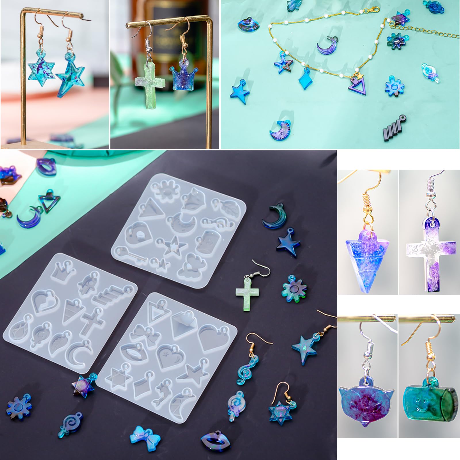 3 Pack Silicone Resin Earring Molds with Holes - Moon, Cross, Ocean, Animal, Plant & Heart Shapes for DIY Jewelry Making - Perfect for Tiny Stud Earrings, Pendants & Bracelet Charms (Great for Crafting, Gifts & Handmade Jewelry Business)