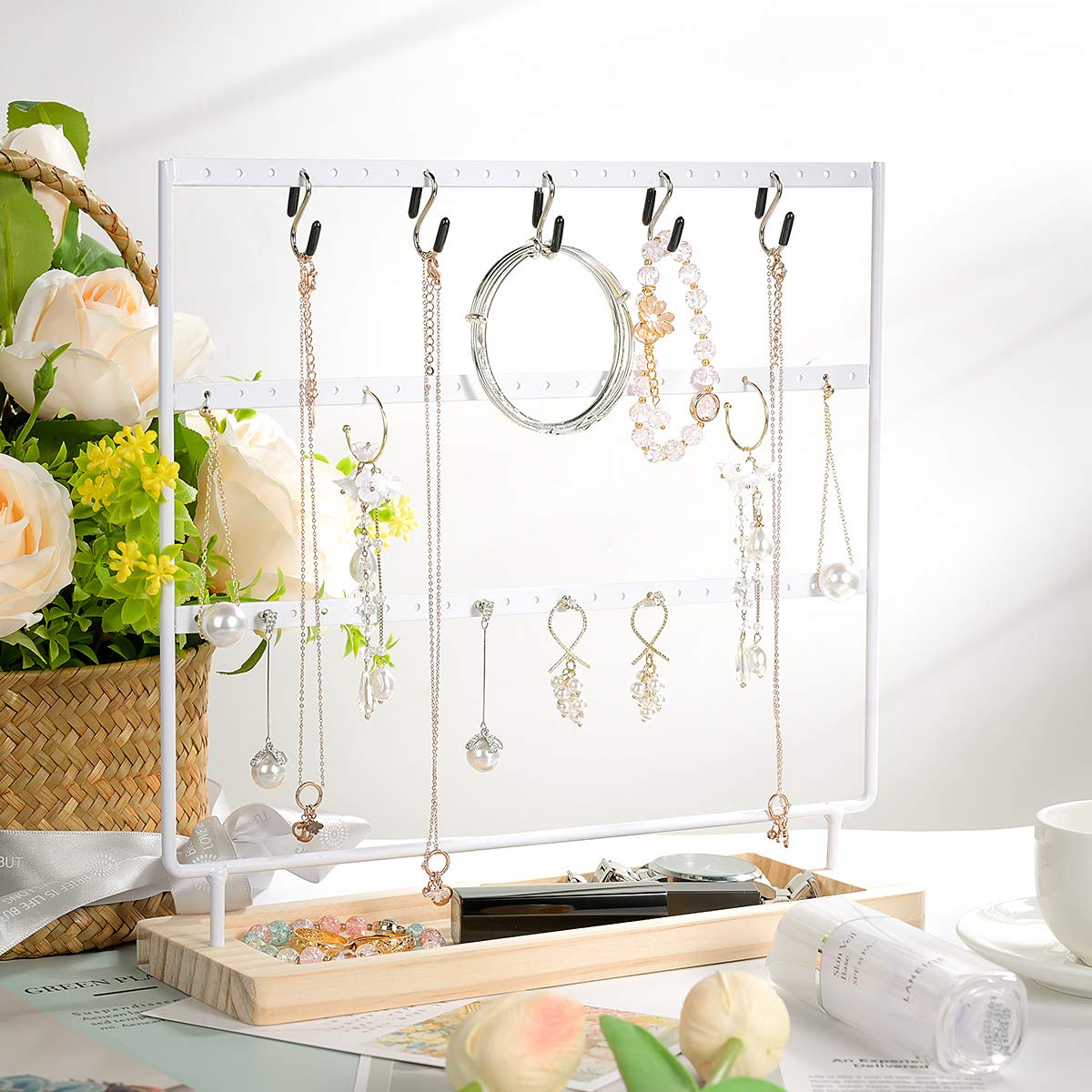 VERGILIUS 3-Tier Jewelry Organizer Stand - White Earring & Necklace Holder Display Tree for Earrings, Necklaces, Bracelets - Perfect for Bedroom, Bathroom, Dresser & Travel Jewelry Storage