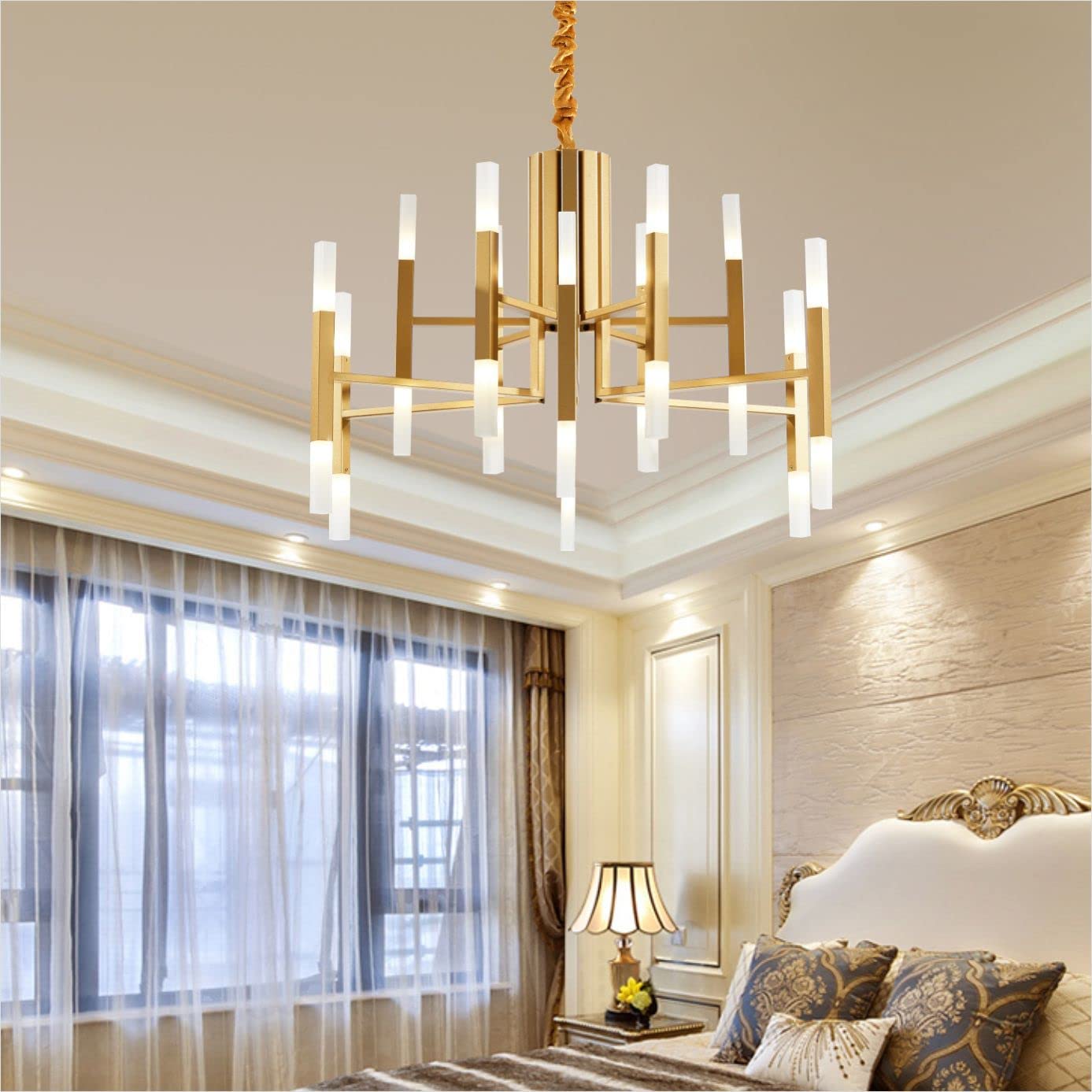 BOKT 24-Light Gold Sputnik Chandelier - Brushed Brass LED Ceiling Light Fixture, Adjustable Height Flush Mount Pendant Lamp for Kitchen Island, Living Room & Dining Room | Modern Lighting for Home Decor & Interior Design