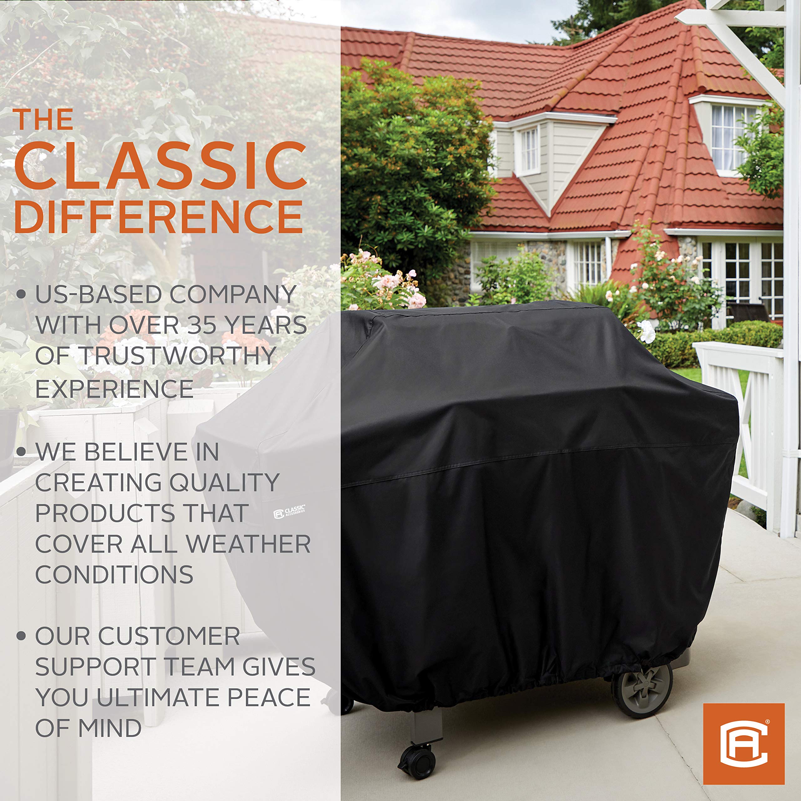 Classic Accessories 64 Inch Water-Resistant BBQ Grill Cover with Coiled Brush & Magnetic LED Light - Perfect for Outdoor Grilling and Backyard Barbecues
