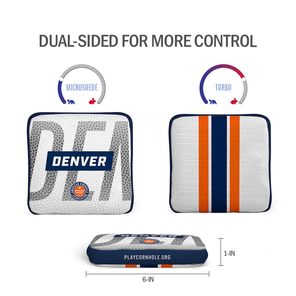 Denver Broncos Football Gameday Cornhole Bags Set - Premium Striped Synergy Edge Bean Bags for Tailgating, Backyard Games & Outdoor Parties