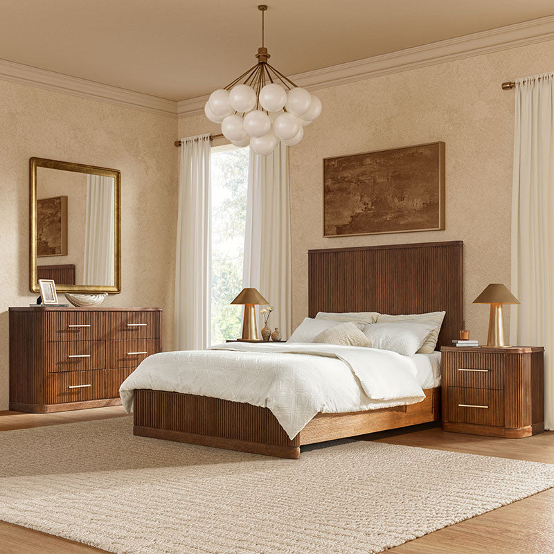 Modern Fluted Solid Wood Bedroom Set with Oak Texture - 4 Piece Bed Frame, Nightstand, Dresser & Mirror for Cozy Master Bedroom Decor