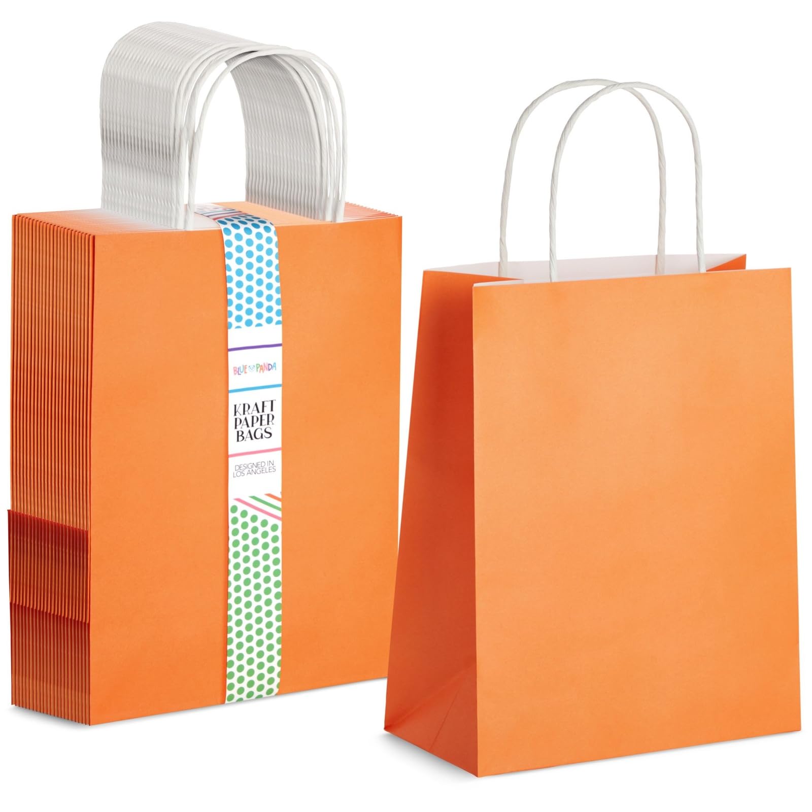 BLUE PANDA 25-Pack Orange Gift Bags with Handles - Medium Size 8x3.9x10 Inch Kraft Paper Bags for Birthday Party Favors, Wedding Favors, Retail Packaging & Holiday Gifts - Perfect for Candy, Small Toys & Party Supplies