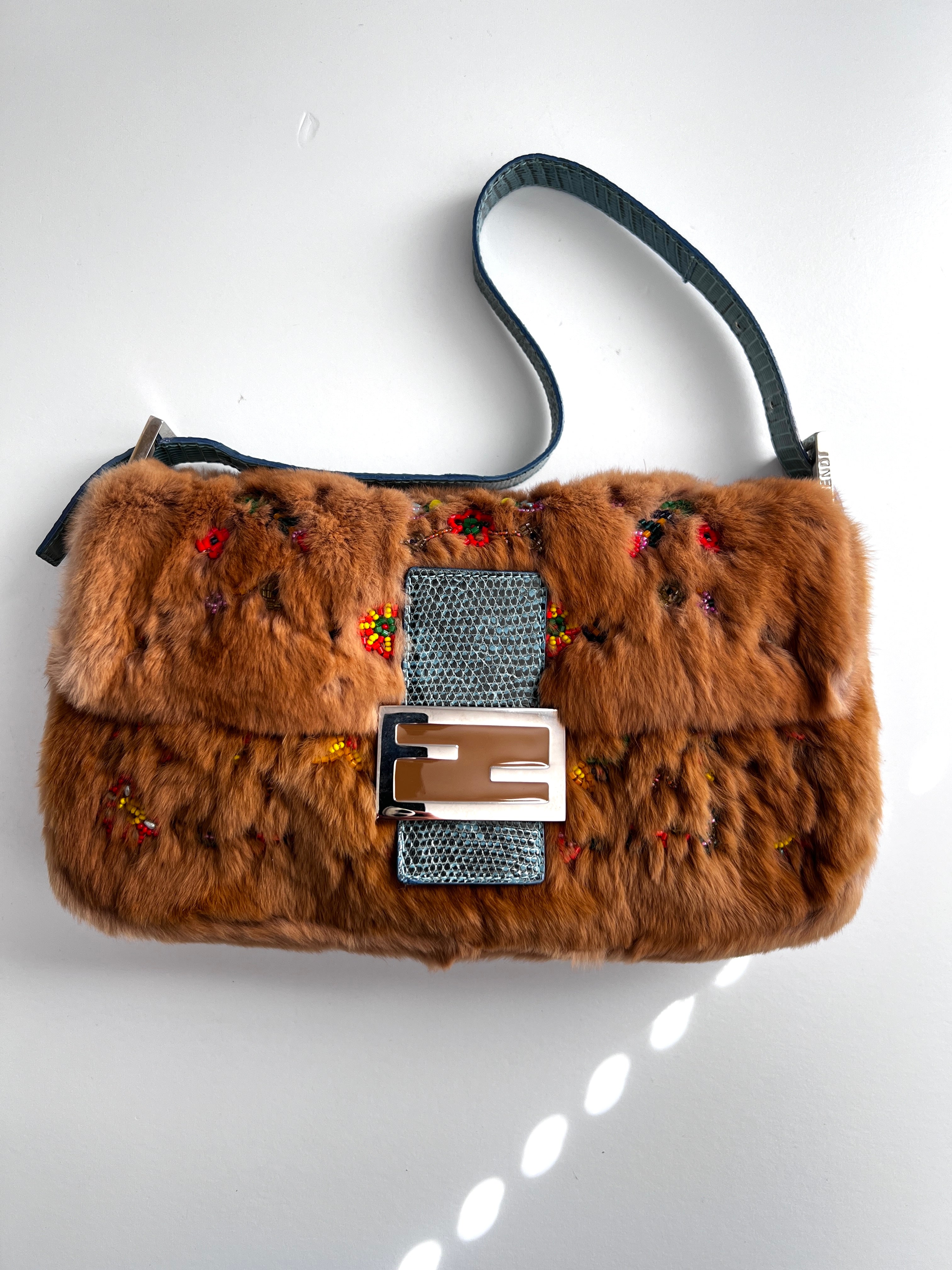 Vintage Fendi Caramel Rabbit Fur Beaded Baguette Bag - Luxury Designer Handbag for Women, Perfect for Evening Parties & Special Occasions