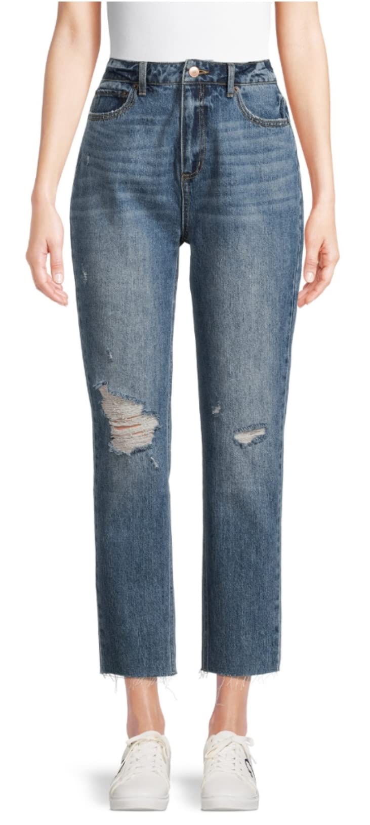 No Boundaries Junior's Dark Wash High Rise Distressed Cropped Jeans - Size 9 | Trendy Ripped Denim for Teens | Perfect for Casual Outfits, School & Hangouts with Friends