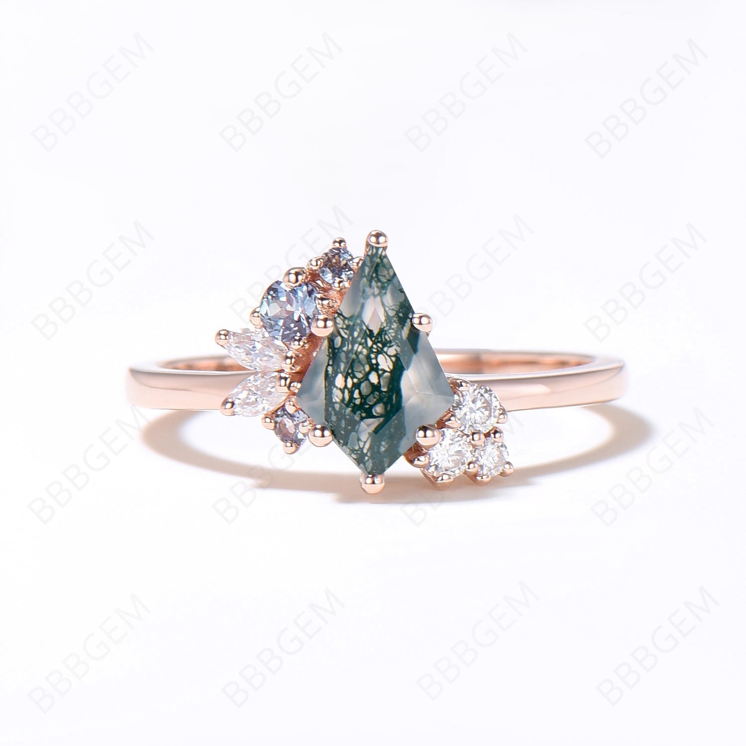 6x9mm Kite Cut Moss Agate Cluster Engagement Ring - 14k Rose Gold with Alexandrite & Moissanite Accents | Wedding Band, Promise Ring, Anniversary Gift for Her | Perfect for Proposals, Vow Renewals & Special Occasions