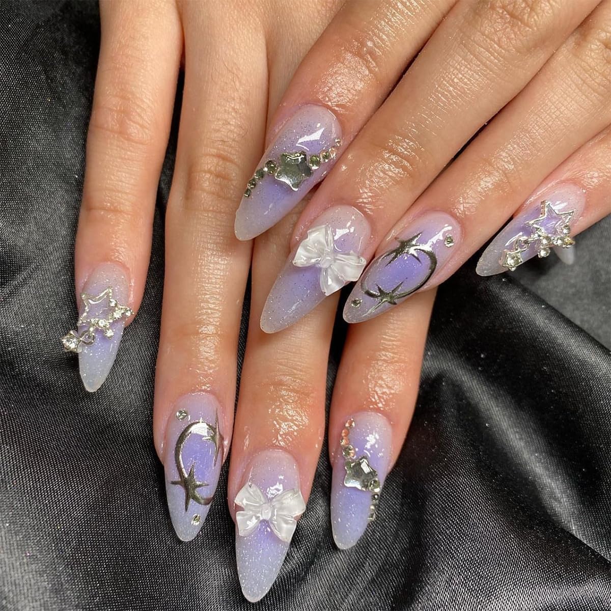 Purple Press on Nails - Almond Fake Nails with Glitter Rhinestones & 3D White Bow Design | Y2K Silver Chrome Nails for Women | Perfect for Parties, Weddings, and Special Occasions