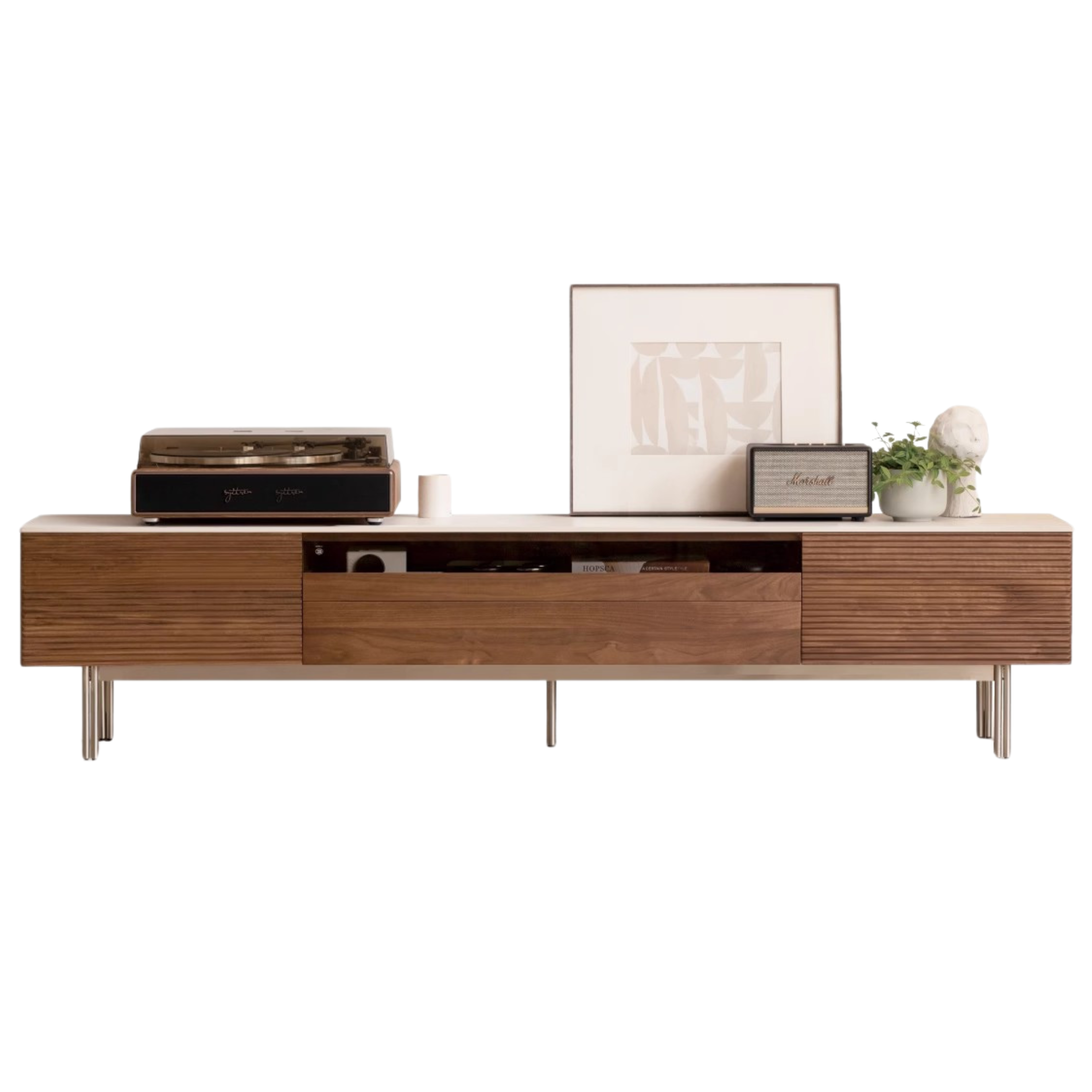 Modern Black Walnut Solid Wood TV Stand with Rock Panel Design - Stylish Entertainment Center for Living Room, Home Theater & Media Storage