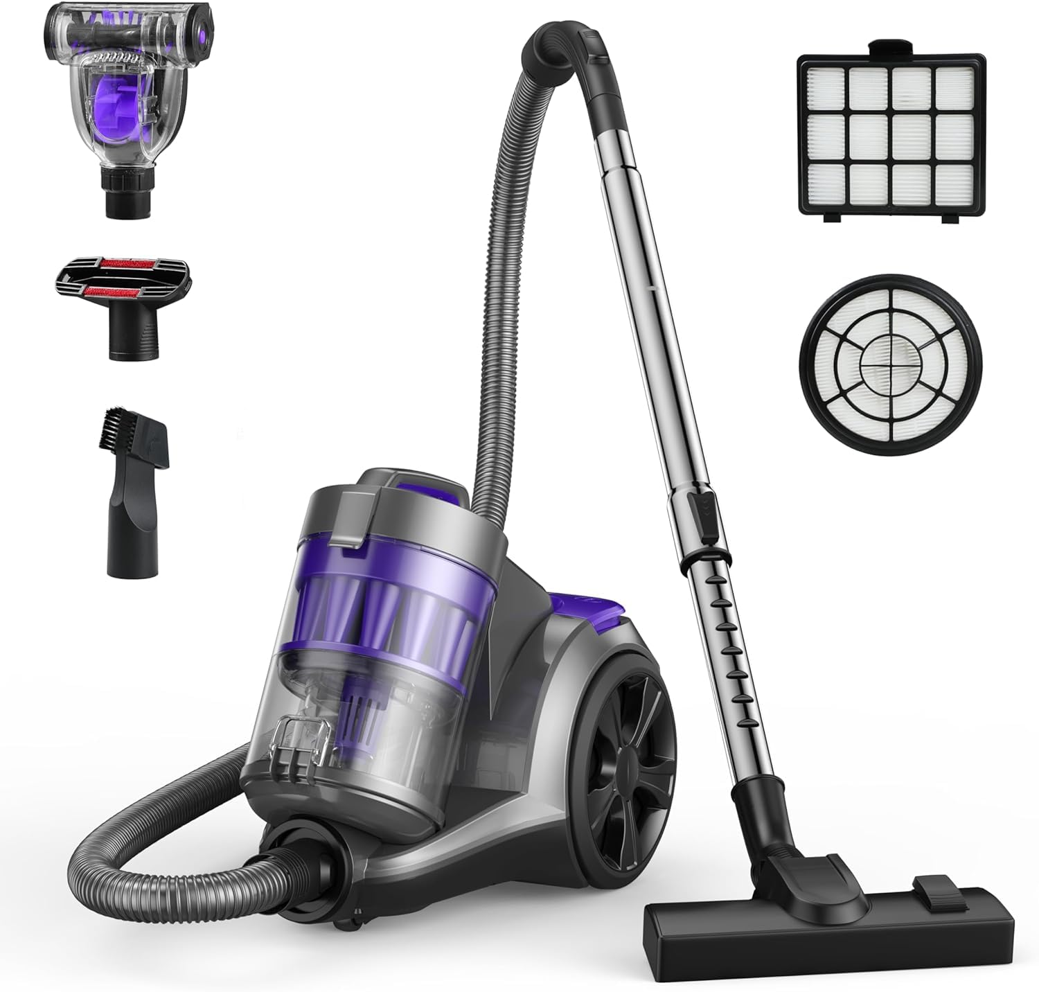 1400W Bagless Canister Vacuum Cleaner with Multi-Cyclonic Filtration & HEPA Filters - 3.5QT Dust Cup, 4 Attachments - Powerful Corded Vacuum for Hard Floors, Carpets, Pet Hair (Purple) - Ideal for Home Cleaning, Pet Owners & Allergy Sufferers
