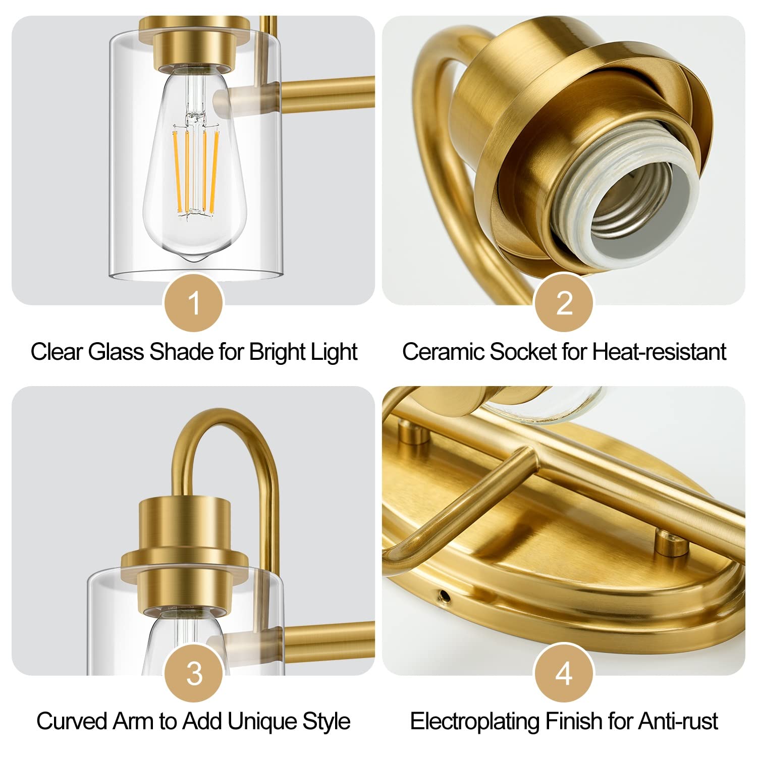 Modern 3-Light Brushed Brass Vanity Light Fixture with Clear Glass - Gold Bathroom Lighting for Mirrors & Vanities, Dimmable LED Compatible - Perfect for Bathroom, Powder Room & Kitchen Decor