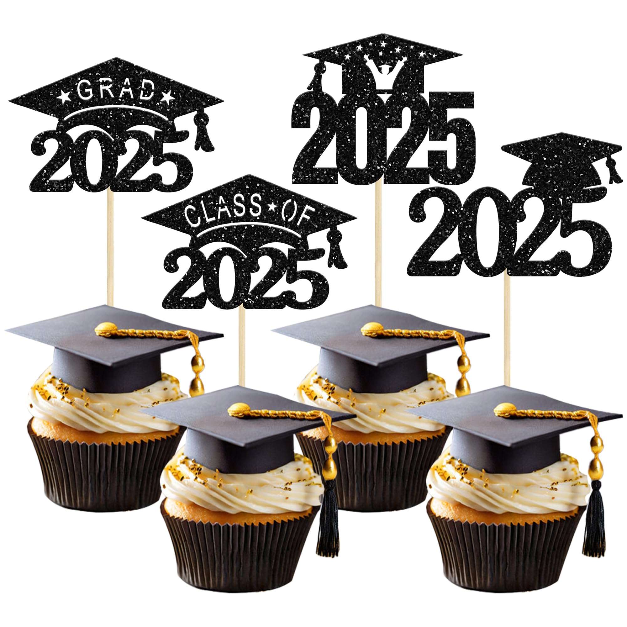24 Pack Black Glitter 2025 Graduation Cap Cupcake Toppers - Class of 2025 Grad Cap Cake Decorations for Graduation Party, Birthday, School Celebrations & Dessert Decorating Supplies