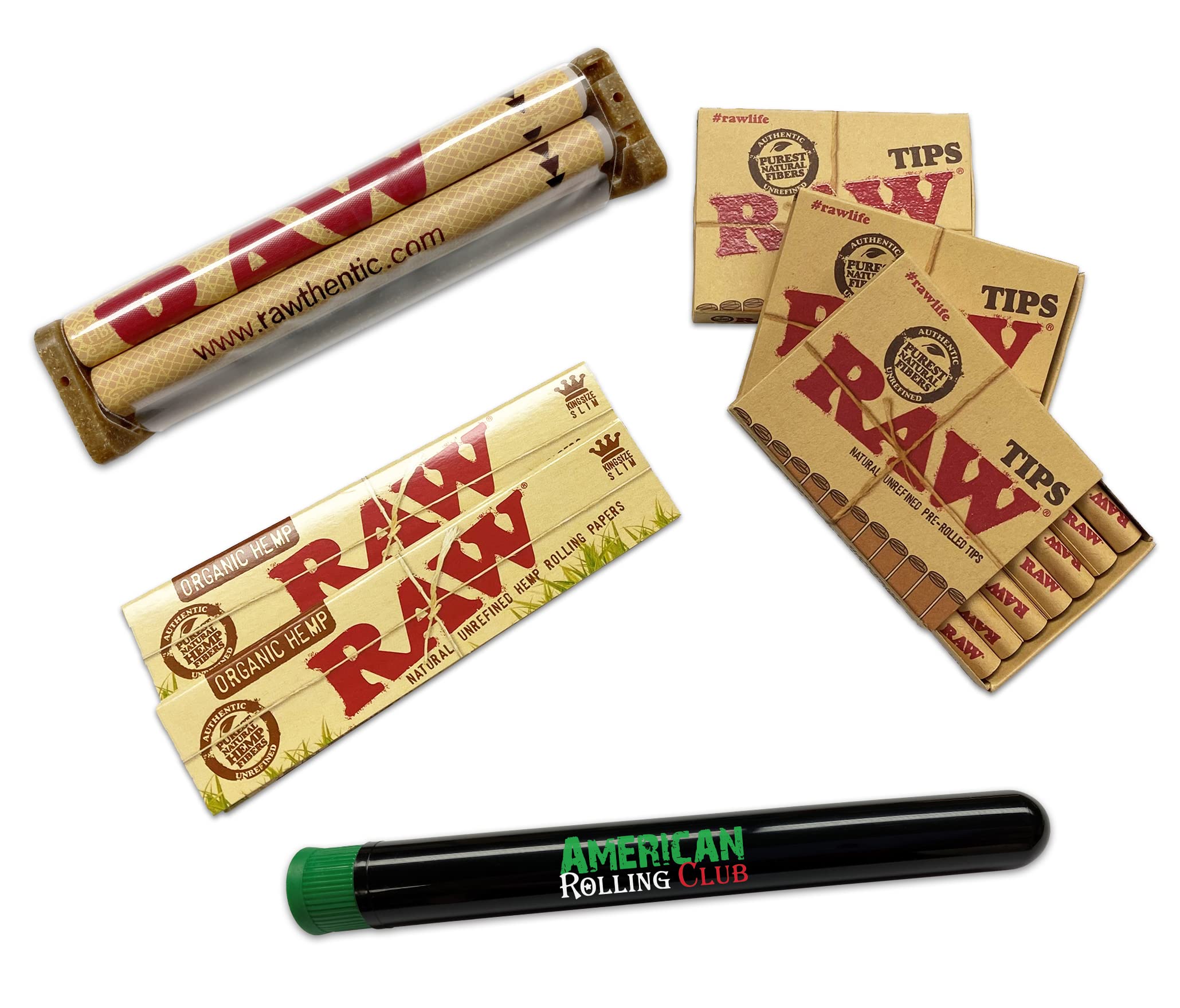 RAW Organic King Size Cigarette Rolling Papers Combo Kit - 2 Packs Organic Hemp Papers, 3 Boxes Pre-Rolled Tips, 110mm Rolling Machine & Cigarette Saver - Perfect for Rolling Smooth, Natural Cigarettes at Home or On-The-Go