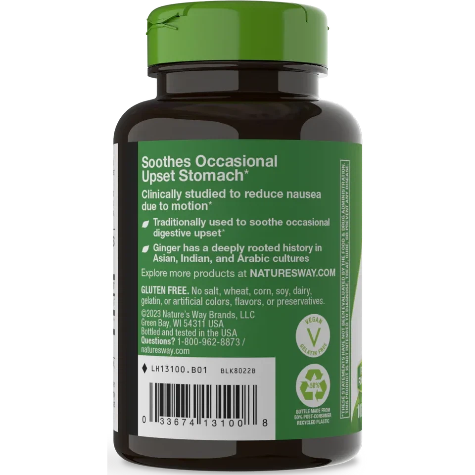 Nature's Way Ginger Root Supplement - 550mg per Serving, Supports Digestive Health & Nausea Relief - Vegan, Non-GMO, Gluten-Free - Perfect for Travel, Morning Sickness & Motion Sickness