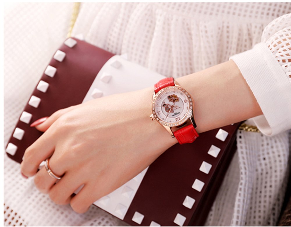 MASTOP Women's Automatic Mechanical Watch with Diamond Butterfly Dial & Genuine Leather Strap - Luminous Skeleton Watch for Business, Party & Everyday Wear